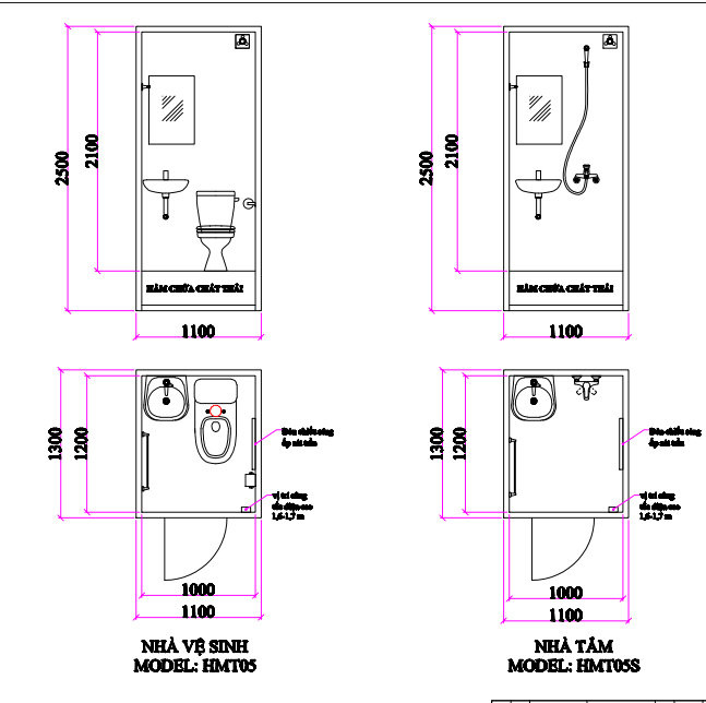 Nội thất và kích thước nhà vệ sinh di động HMT05
